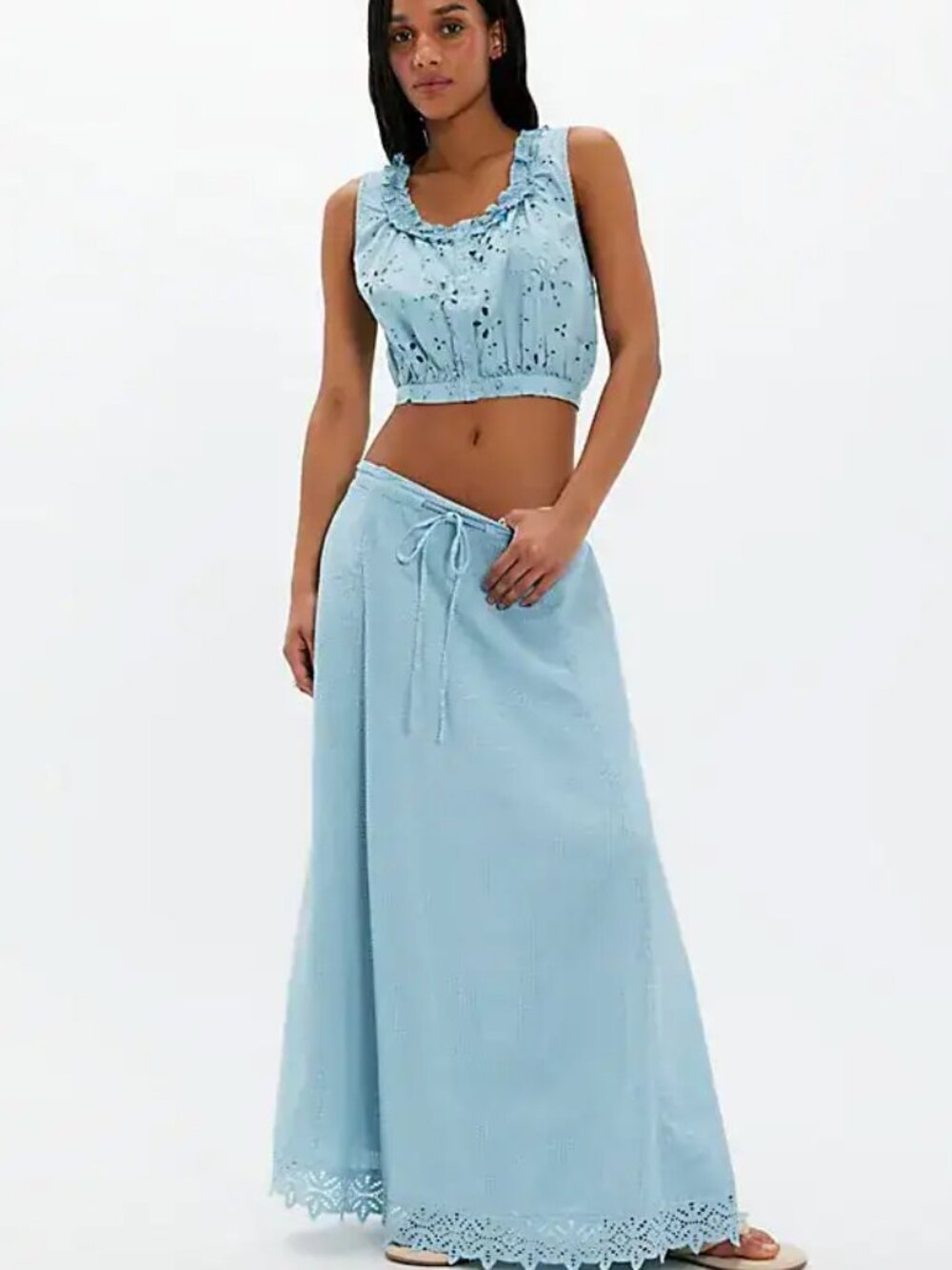 NWT Free People Madelyn Light Blue Cotton Eyelet Maxi Skirt Set Size M